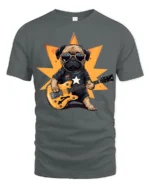 Cool Pug Playing Guitar Rockstar Graphic T Shirt Funny Dog Tee - gray t-shirt on white background
