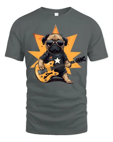 Cool Pug Playing Guitar Rockstar Graphic T Shirt Funny Dog Tee - gray t-shirt on white background