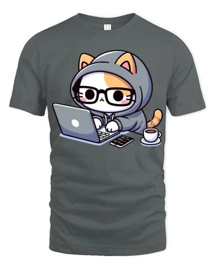 Cute Cat Coding Laptop Coffee Funny Programmer Graphic T Shirt - gray t-shirt on white background