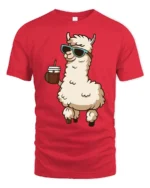 Cool Llama Drinking Coffee Funny Cartoon T Shirt Vibe - red t-shirt on white background