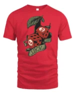 Lucky Skull Dice Cherry Graphic T Shirt Vintage Tattoo Style Tee - red t-shirt on white background