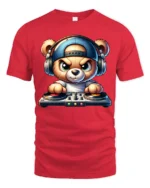 Cute DJ Teddy Bear Headphones Turntable Graphic T Shirt Music Tee - red t-shirt on white background