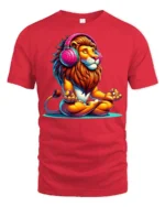 Meditating Lion With Headphones Colorful Zen Graphic T Shirt - red t-shirt on white background