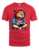 Cute Capybara Gamer Hoodie Playing Controller Graphic T Shirt - red t-shirt on white background