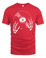 Skeleton DJ Vinyl Record Graphic T Shirt Music Lover Tee Style - red t-shirt on white background