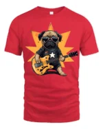 Cool Pug Playing Guitar Rockstar Graphic T Shirt Funny Dog Tee - red t-shirt on white background
