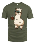 Cool Llama Drinking Coffee Funny Cartoon T Shirt Vibe - military green t-shirt on white background