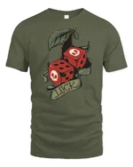 Lucky Skull Dice Cherry Graphic T Shirt Vintage Tattoo Style Tee - military green t-shirt on white background