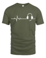 Music Heartbeat Headphones Graphic T Shirt Minimalist Audio Tee - military green t-shirt on white background