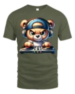 Cute DJ Teddy Bear Headphones Turntable Graphic T Shirt Music Tee - military green t-shirt on white background
