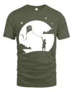 Boy Flying Kite Moonlight Silhouette Graphic T Shirt Dreamy Tee - military green t-shirt on white background