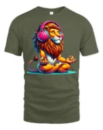 Meditating Lion With Headphones Colorful Zen Graphic T Shirt - military green t-shirt on white background