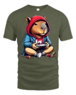 Cute Capybara Gamer Hoodie Playing Controller Graphic T Shirt - military green t-shirt on white background