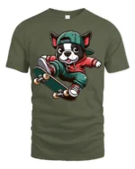 Cute Skateboarding French Bulldog Graphic T Shirt Street Style Tee - military green t-shirt on white background