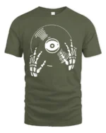 Skeleton DJ Vinyl Record Graphic T Shirt Music Lover Tee Style - military green t-shirt on white background