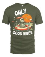 Only Good Vibes Skeleton Pool Float Sunset Graphic T Shirt - military green t-shirt on white background