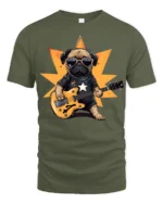 Cool Pug Playing Guitar Rockstar Graphic T Shirt Funny Dog Tee - military green t-shirt on white background