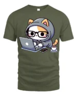 Cute Cat Coding Laptop Coffee Funny Programmer Graphic T Shirt - military green t-shirt on white background