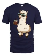 Cool Llama Drinking Coffee Funny Cartoon T Shirt Vibe - navy t-shirt on white background