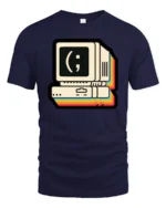 Retro Computer Smiley Face Coding Graphic T Shirt Vintage Tech Tee - navy t-shirt on white background