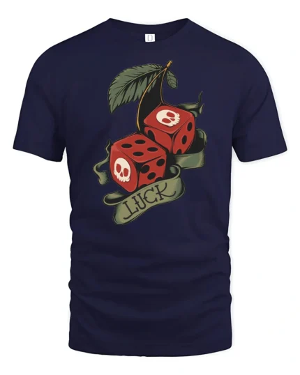 Lucky Skull Dice Cherry Graphic T Shirt Vintage Tattoo Style Tee - navy t-shirt on white background