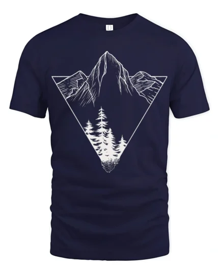 Minimalist Mountain Forest Triangle Graphic T Shirt Nature Style Tee - navy t-shirt on white background