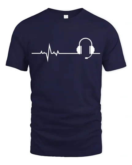 Music Heartbeat Headphones Graphic T Shirt Minimalist Audio Tee - navy t-shirt on white background