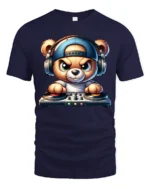 Cute DJ Teddy Bear Headphones Turntable Graphic T Shirt Music Tee - navy t-shirt on white background