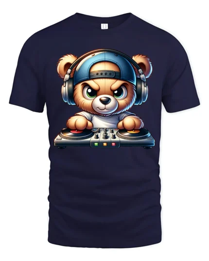 Cute DJ Teddy Bear Headphones Turntable Graphic T Shirt Music Tee - navy t-shirt on white background