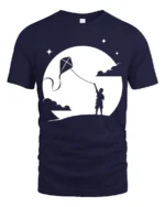 Boy Flying Kite Moonlight Silhouette Graphic T Shirt Dreamy Tee - navy t-shirt on white background