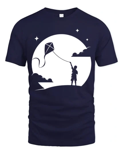 Boy Flying Kite Moonlight Silhouette Graphic T Shirt Dreamy Tee - navy t-shirt on white background