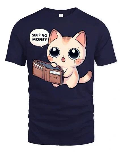 Funny Broke Cat No Money Wallet Cute Cartoon Graphic T Shirt - navy t-shirt on white background