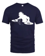 DJ Turntable Mixing Music Graphic T Shirt Cool Club Style Tee - navy t-shirt on white background