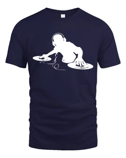 DJ Turntable Mixing Music Graphic T Shirt Cool Club Style Tee - navy t-shirt on white background