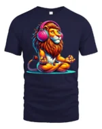 Meditating Lion With Headphones Colorful Zen Graphic T Shirt - navy t-shirt on white background