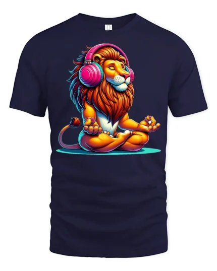Meditating Lion With Headphones Colorful Zen Graphic T Shirt - navy t-shirt on white background