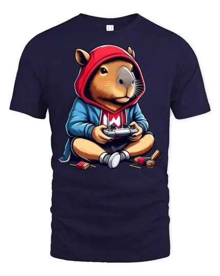 Cute Capybara Gamer Hoodie Playing Controller Graphic T Shirt - navy t-shirt on white background