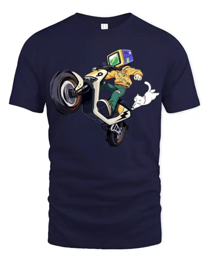 Cyberpunk Rider With TV Head Motorcycle Stunt Graphic T Shirt - navy t-shirt on white background