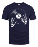 Skeleton DJ Vinyl Record Graphic T Shirt Music Lover Tee Style - navy t-shirt on white background