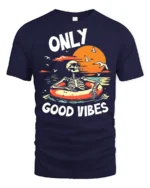 Only Good Vibes Skeleton Pool Float Sunset Graphic T Shirt - navy t-shirt on white background