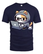 Cute Cat Coding Laptop Coffee Funny Programmer Graphic T Shirt - navy t-shirt on white background