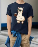 Cool Llama Drinking Coffee Funny Cartoon T Shirt Vibe - model wearing navy tee with hands in pockets