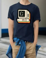 Retro Computer Smiley Face Coding Graphic T Shirt Vintage Tech Tee - model wearing navy tee with hands in pockets