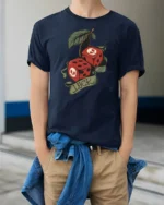 Lucky Skull Dice Cherry Graphic T Shirt Vintage Tattoo Style Tee - model wearing navy tee with hands in pockets