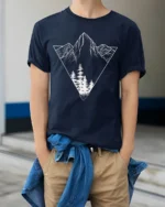 Minimalist Mountain Forest Triangle Graphic T Shirt Nature Style Tee - model wearing navy tee with hands in pockets