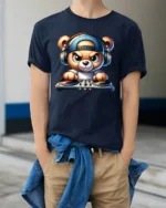Cute DJ Teddy Bear Headphones Turntable Graphic T Shirt Music Tee - model wearing navy tee with hands in pockets