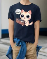 Funny Broke Cat No Money Wallet Cute Cartoon Graphic T Shirt - model wearing navy tee with hands in pockets