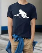 DJ Turntable Mixing Music Graphic T Shirt Cool Club Style Tee - model wearing navy tee with hands in pockets