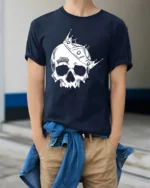 Crowned Skull Queen Graphic T Shirt Edgy Gothic Style Tee - model wearing navy tee with hands in pockets