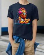 Meditating Lion With Headphones Colorful Zen Graphic T Shirt - model wearing navy tee with hands in pockets